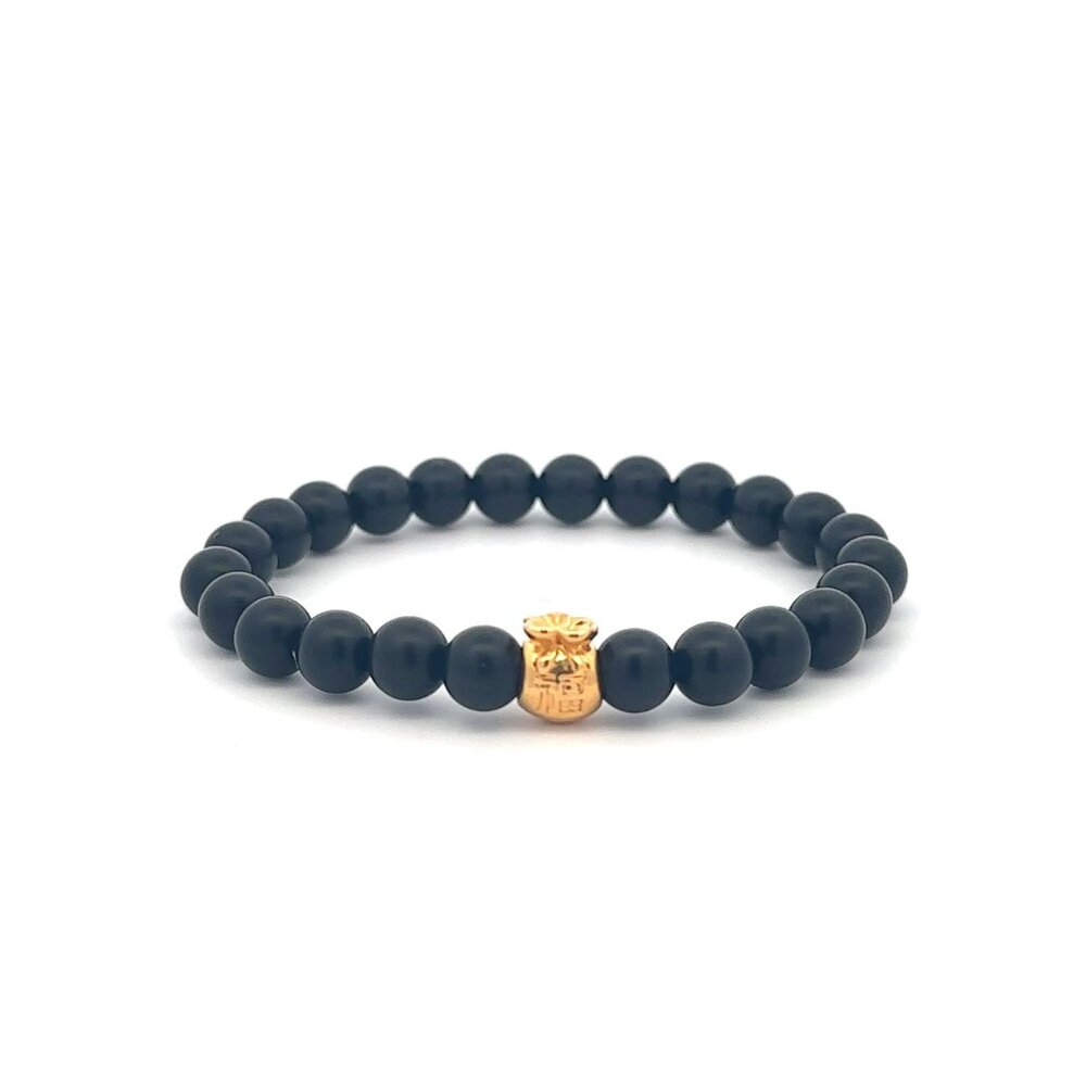 18K Gold Money Bag Matte Onyx Gemstones 6mm Lucky Charm Elastic Bracelet
